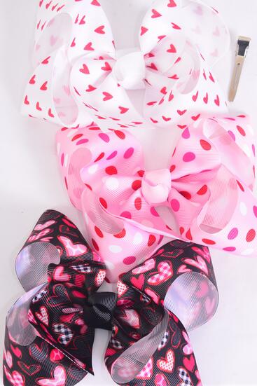 Hair Bow Jumbo Heart Polka dots  Mix Grosgrain Bow-tie / 12 pcs Bow = Dozen  Alligator Clip , Size - 6" x 5" Wide , 4 of each Pattern , Clip Strip & UPC Code