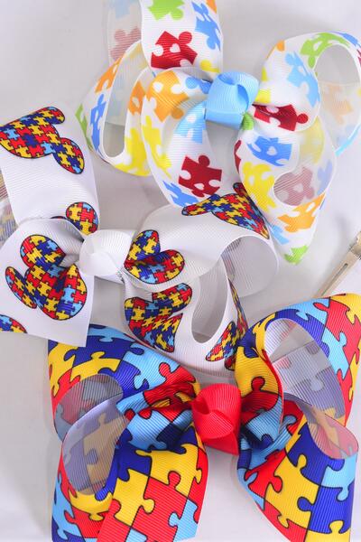 Hair Bow Jumbo Autism Grosgrain Bow-tie / 12 pcs Bow = Dozen Autism , Alligator Clip , Size - 6" x 5" Wide , 4 Of Each Pattern Asst , Clip Strip and UPC Code