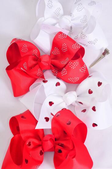 Hair Bow Jumbo Heart Studded Grosgrain Bow-tie / 12 pcs Bow = Dozen Alligator Clip , Size - 6" x 5" Wide , 3 Of Each Pattern Asst , Clip Strip & UPC Code