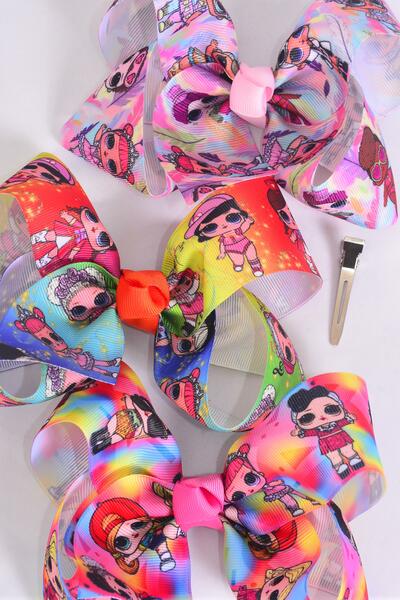 Hair Bow Jumbo LOL Doll Gradient Tiedye Grosgrain Bow-tie / 12 pcs = Dozen Alligator Clip , Size - 6" x 5" Wide , 4 Of Each Pattern Asst , Clip Strip and UPC Code