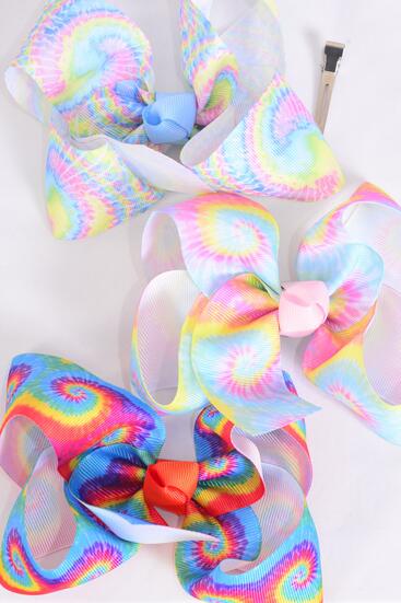 Hair Bow Jumbo Tiedye Gradient Grosgrain Bow-tie / 12 pcs = Dozen   Alligator Clip , Size - 6" x 5" Wide , 4 Of Each Pattern Asst , Clip Strip and UPC Code