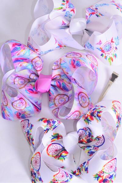 Hair Bow Jumbo Dream Catcher Grosgrain Bow-tie /  12 pcs Bow = Dozen Alligator Clip , Size - 6" x 5" Wide , 4 Of each Pattern Asst , Clip Strip & UPC Code