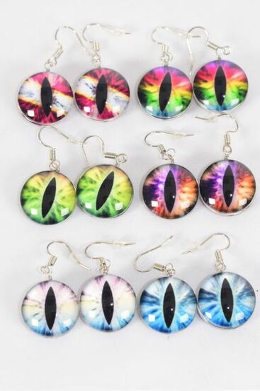 Earrings Dragon Eye Double Sided Glass Dome / 12 pair = Dozen  Fish Hook , Size - 0.75" Wide , 2 of each Design Asst , Earring Card & OPP Bag & UPC Code