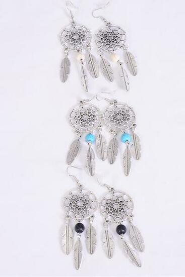 Earrings Metal Antique Dream Catcher Semiprecious Stone / 12 pair = Dozen match 70083 Fish Hook , Size - 2" x 1" Wide , 4 Black , 4 Ivory , 4 Turquoise Asst , Earring Card & OPP Bag & UPC Code