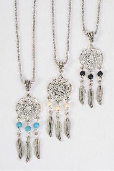 Necklace Silver Chain Metal Dream Catcher  Antique Semiprecious Stone / 12 pcs = Dozen match 02989 Pendant Size - 2.25" x 1" Wide , Chain-18" Extension Chain , 4 Ivory , 4 Black , 4 Turquoise Asst , Hang Tag & OPP Bag & UPC Code