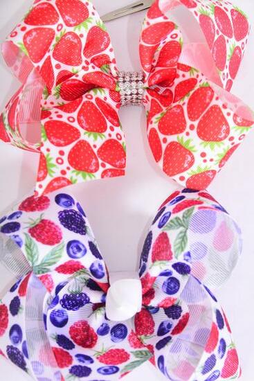 Hair Bow Jumbo Strawberry & Berrys Mix Grosgrain Bow-tie / 12 pcs Bow = Dozen Alligator Clip , Size - 6" x 5" Wide , 6 of each Pattern , Clip Strip & UPC Code