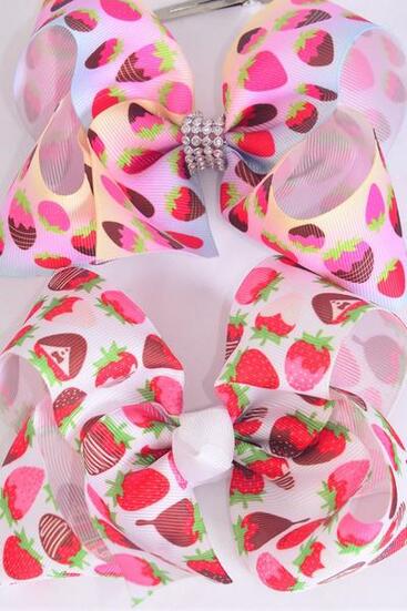 Hair Bow Jumbo Strawberry Grosgrain Bow-tie / 12 pcs Bow = Dozen Alligator Clip , Size - 6" x 5" Wide , 6 of each Pattern , Clip Strip & UPC Code