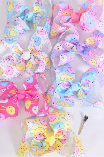 Hair Bow Jumbo Cute Cartoon Bunny Pastel Grosgrain Bow-tie / 12 pcs Bow = Dozen  Alligator Clip , Size - 6" x 5" , 2 White , 2 Baby Pink , 2 Lavender , 2 Blue , 2 Yellow , 1 Peach , 1 Mint Green Color Asst , Clip Strip & UPC Code