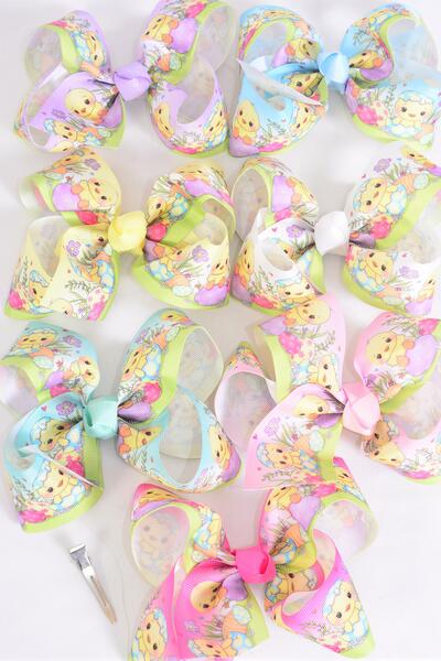 Hair Bow Jumbo Cute Easter Egg Chick Grosgrain Bow-tie / 12 pcs Bow = Dozen Alligator Clip , Size - 6" x 5" Wide , 2 White , 2 Baby Pink , 2 Lavender , 2 Blue , 2 Yellow , 1 Peach , 1 Mint Green Asst , Clip Strip & UPC Code