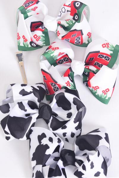 Hair Bow 24 pcs Farm Cow Red Barn Pattern Mix Grosgrain Bow-tie / 24 pcs Bow = Dozen Alligator Clip , Size - 4" x 3" Wide , 6 of Each Pattern Color Mix , Clip Strip & UPC Code