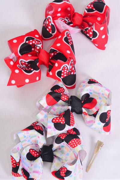 Hair Bow 24 pcs Cute Mouse Ear Polka Dots Grosgrain Bow-tie / 24 pcs Bow = Dozen Alligator Clip , Size - 4" x 3", 6 Of Each Pattern Asst , Clip Strip & UPC Code