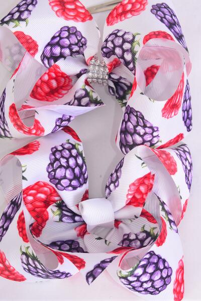 Hair Bow Jumbo Raspberry Black Berry Mix Grosgrain Bow-tie / 12 pcs Bow = Dozen Alligator Clip , Size - 6" x 5" Wide , 6 Of Each Pattern Asst , Clip Strip & UPC Code