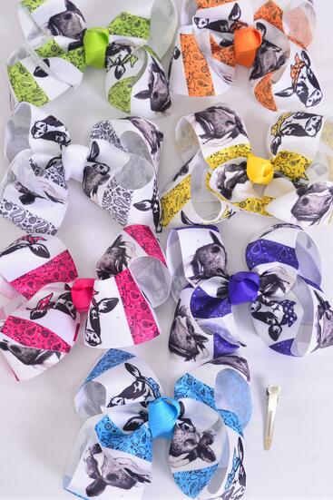 Hair Bow Jumbo Western Bandana Bull Cow Mix Grosgrain Bow-tie Citrus / 12 pcs Bow = Dozen Alligator Clip , Size - 6" x 5" Wide , 2 Fuchsia , 2 Blue , 2 Yellow , 2 Purple , 2 White , 1 Lime , 1 Orange Color Asst , Clip Strip  UPC Code