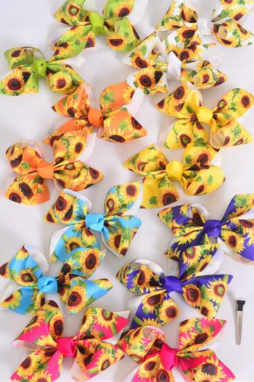 Hair Bow 24 pcs Sunflower Citrus Grosgrain Bow-tie / 24 pcs Bow = Doze Alligator Clip , Size - 4" x 3" Wide , 2 White , 2 Fuchsia , 2 Purple , 2 Yellow , 2 Blue , 1 Lime ,1 Orange Color Asst , Clip Strip & UPC Code