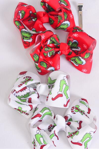 Hair Bow 24 pcs Grinch Pattern Mix Grosgrain Bow-tie / 24 pcs Bow = Dozen Grinch , Alligator Clip , Size - 4" x 3" Wide , 6 of Each Pattern Color Mix , Clip Strip & UPC Code