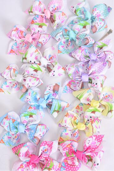 Hair Bow 24 pcs Cute Bunny Pastel Grosgrain Bow-tie / 24 pcs Bow = Dozen Alligator Clip , Size - 4" x 3" ,  2 White , 2 Baby Pink , 2 Lavender , 2 Blue , 2 Yellow , 1 Peach , 1 Mint Green Color Asst , Clip Strip & UPC Code