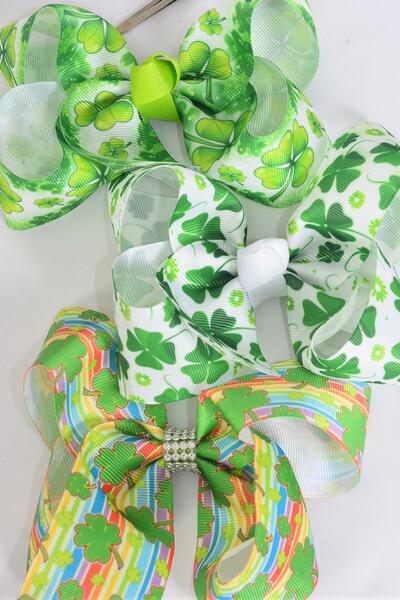 Hair Bow Jumbo Clover St Patrick&#039;s Day Grosgrain Bow-tie / 12 pcs Bow = Dozen Alligator Clip , Bow - 6" x 5" Wide , 4 Of Each Pattern Asst , Clip Strip and UPC Code