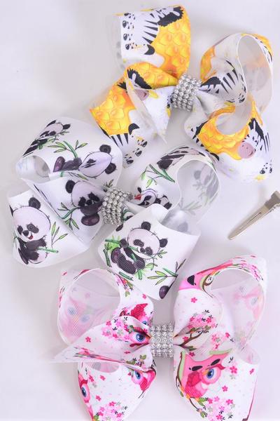 Hair Bow Jumbo Owl Zebra Panda Bear Mix Grosgrain Bow-tie / 12 pcs Bow = Dozen Alligator Clip , Size - 6" x 5" Wide , 4 Of Each Pattern Asst , Clip Strip & UPC Code