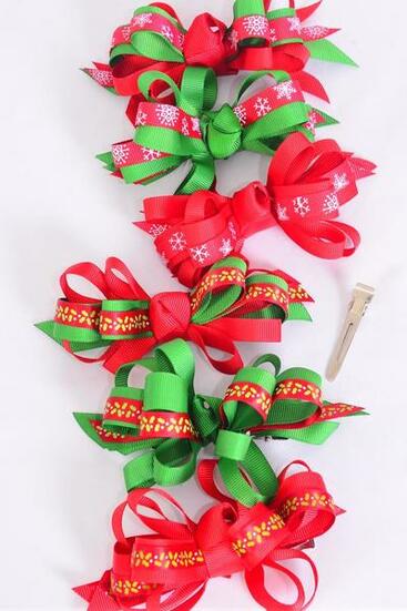 Hair Bow Large Christmas Loop Bow Holly Snowflake Mix Grosgrain Bow / 12 pcs Bow = Dozen Christmas , Alligator Clip , Size - 4.5" x 3.5" Wide , 2 of each Pattern Asst , Display Card & UPC Code,Clear Box