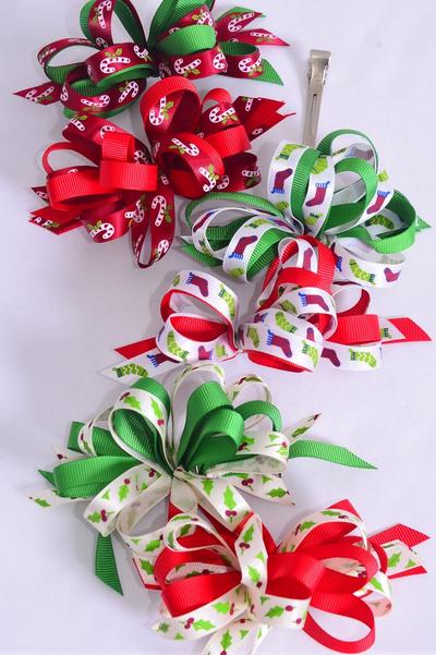 Hair Bow Large Xmas Loop Bow Satin Candy Cane Holly Berries Stocking Mix  Grosgrain Bow / 12 pcs Bow = Dozen Alligator Clip , Bow Size - 4.5 x 3.5 ,  2