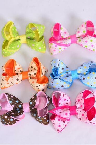 Hair Bow Double Layered Polka dots Grosgrain Bow-tie Multi / 12 pcs Bow = Dozen Alligator Clip , Size - 3.5" x 2.5" Wide , 2 of each Color Asst , Clip Strip & UPC Code