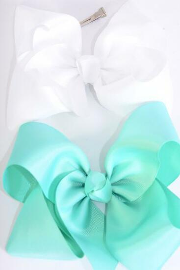 Hair Bow Jumbo Aqua White Mix Grosgrain Bow-tie / 12 pcs Bow = Dozen Alligator Clip , Size - 6" x 5" Wide , 6 Aqua , 6 White Color Asst , Clip Strip & UPC Code