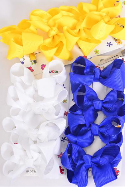 Hair Bows 48 pcs Grosgrain Bow-tie Royal Blue White Yellow Mix /12 card = Dozen Alligator Clip , Bow Size - 3" x 2" Wide , 4 Royal Blue , 4 White , 4 Yellow Color Asst , 4 pcs per card , 12 Card = Dozen