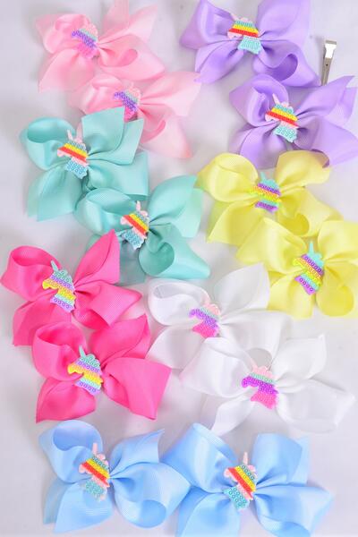 Hair Bow 24 pcs Center fidget Autism Unicorn Charm Grosgrain Bow-tie Pastel / 24 pcs Bow = Dozen Alligator Clip , Size - 3.5" x 3" Wide , 2 White , 2 Pink , 2 Yellow , 2 Lavender , 2 Blue , 1 Hot Pink , 1 Mint Green Mix , Clip Strip & UPC Code