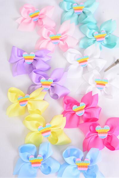 Hair Bow 24 pcs Center fidget Autism Mouse Ear Charm Grosgrain Bow-tie Pastel / 24 pcs Bow = Dozen Alligator Clip , Size - 3.5" x 3" Wide , 2 White , 2 Pink , 2 Yellow , 2 Lavender , 2 Blue , 1 Hot Pink , 1 Mint Green Mix , Clip Strip & UPC Code