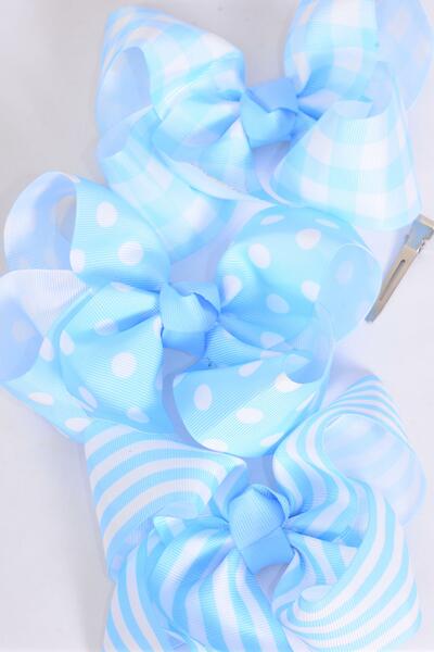 Hair Bow Jumbo Plaid Polka dots Stripe Mix Grosgrain Bow-tie Baby Blue Mix / 12 pcs Bow = Dozen Baby Blue Mix , Alligator Clip , Bow - 6" x 5" Wide , 4 of each Pattern Asst , Clip Strip & UPC Code