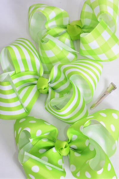 Hair Bow Jumbo Plaid Polka dots Stripe Mix Grosgrain Bow-tie Lime Green / 12 pcs Bow = Dozen Lime Green Mix , Alligator Clip , Bow - 6" x 5" Wide , 4 of each Pattern Asst , Clip Strip & UPC Code