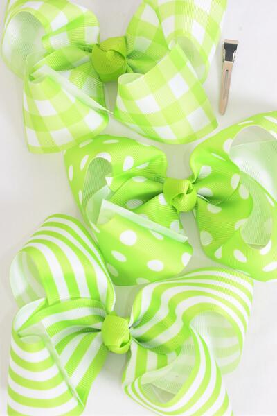 Hair Bow Jumbo Plaid Polka dots Stripe Mix Grosgrain Bow-tie Lime Green / 12 pcs Bow = Dozen Lime Green Mix , Alligator Clip , Bow - 6" x 5" Wide , 4 of each Pattern Asst , Clip Strip & UPC Code