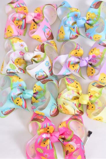 Hair Bow Jumbo Cute Easter Basket Egg Chick Grosgrain Bow-tie / 12 pcs Bow = Dozen Alligator Clip , Size - 6"x 5" Wide , 2 White , 2 Baby Pink , 2 Lavender , 1 Blue , 1 Yellow , 2 Hot Pink , 2 Mint Green Asst ,Clip Strip & UPC Code