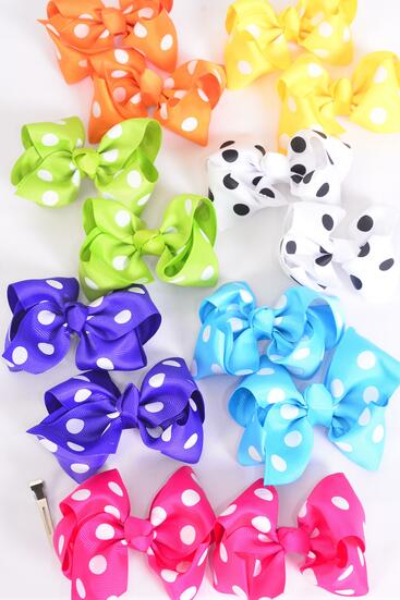 Hair Bow 24 pcs Polka dots Multi Grosgrain Bow-tie / 24 pcs Bow = Dozen Alligator Clip , Size - 4" x 3" Wide , 2 Fuchsia , 2 Blue , 2 Yellow , 2 Purple , 2 White , 1 Lime , 1 Orange Color Mix , Clip Strip & UPC Code