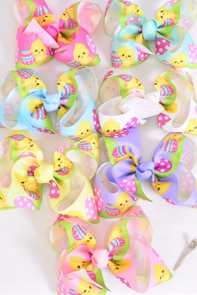 Hair Bow Jumbo Cute Easter Egg Chick Grosgrain Bow-tie / 12 pcs Bow = Dozen Alligator Clip , Size - 6" x 5" Wide , 2 White , 2 Baby Pink , 2 Lavender , 2 Blue , 2 Yellow , 1 Peach , 1 Mint Green Asst , Clip Strip and UPC Code