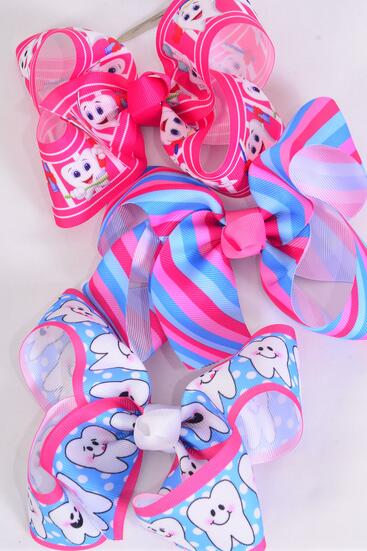 Hair Bow Jumbo Happy Tooth Grosgrain Bow-tie /  12 pcs Bow = Dozen  Alligator Clip , Size - 6" x 5" Wide , 4 Of Each Pattern Asst , Clip Strip & UPC Code