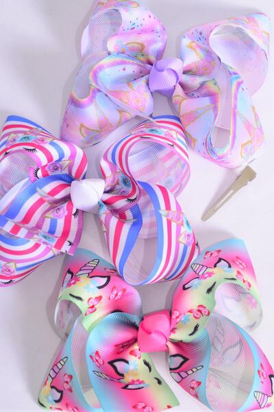 Hair Bow Jumbo Unicorn Print Grosgrain Bow-tie /  12 pcs Bow = Dozen  Alligator Clip , Bow - 6" x 5" Wide , 4 of each Pattern Asst , Clip Strip & UPC Code