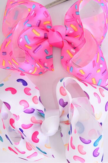 Hair Bow Jumbo Jelly Bean Sprinkles Mix Grosgrain Bow-tie / 12 pcs Bow = Dozen  Alligator Clip , Size - 6" x 5" Wide , 6 of each Pattern Asst , Clip Strip & UPC Code