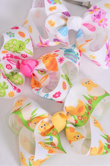 Hair Bow Jumbo Easter Bunny Eggs Grosgrain Bowtie / 12 pcs Bow = Dozen Alligator Clip , Bow - 6" x 5" Wide , 4 of each Pattern Asst , Clip Strip and UPC Code