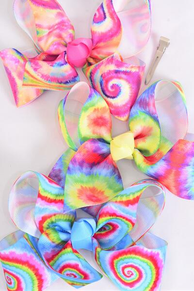 Hair Bow Jumbo Gradient Tiedye Grosgrain Bow-tie / 12 pcs Bow = Dozen Alligator Clip , Size-  6" x 5" Wide , 4 of each Pattern Asst , Clip Strip & UPC Code