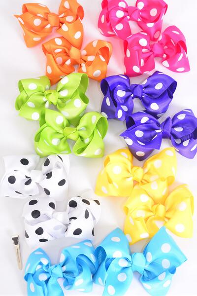 Hair Bow 24 pcs Polka dots Multi Grosgrain Bow-tie / 24 pcs Bow = Dozen Alligator Clip , Size - 4" x 3" Wide , 2 Fuchsia , 2 Blue , 2 Yellow , 2 Purple , 2 White , 1 Lime , 1 Orange Color Mix , Clip Strip & UPC Code