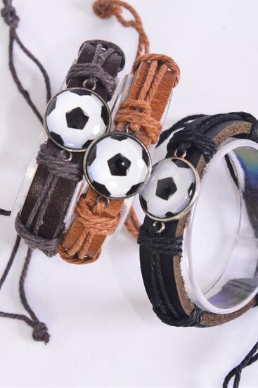 Bracelet Real Leather Band Soccer / 12 pcs = Dozen   Soccer , Pull-String , Adjustable , 4 of each Pattern Mix , Individual Hang Tag & OPP Bag & UPC Code