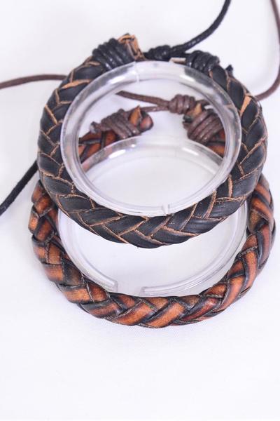 Bracelet Real Leather Band Braided Adjustable / 12 pcs = Dozen Unisex , Adjustable , 6 of each Pattern Mix , Individual Hang tag & OPP Bag & UPC Code