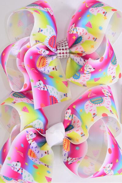 Hair Bow Jumbo Llama Grosgrain Bow-tie / 12 pcs Bow = Dozen Alligator Clip , Size - 6" x 5" Wide , 6 Of each Pattern Asst , Clip Strip & UPC Code