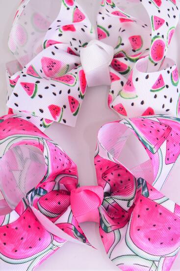 Hair Bow Jumbo Watermelon Grosgrain Bow-tie / 12 pcs Bow = Dozen Alligator Clip , Size - 6" x 5" Wide , 6 of each Pattern , Clip Strip & UPC Code