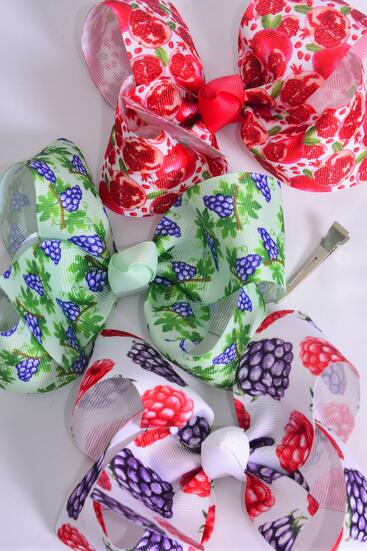 Hair Bow Jumbo Grape Berrys Pomegranate Mix Grosgrain Bow-tie / 12 pcs Bow = Dozen Alligator Clip , Size - 6" x 5" Wide , 4 of each Pattern Asst , Clip Strip & UPC Code