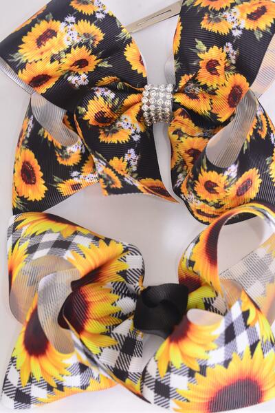 Hair Bow Jumbo Sunflower Mix Grosgrain Bow-tie / 12 pcs Bow = Dozen  Sunflower , Alligator Clip , Size - 6" x 5" Wide , 6 Of each Pattern Asst , Clip Strip and UPC Code