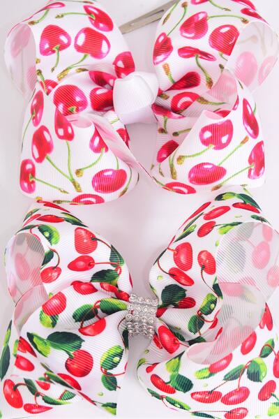 Hair Bow Jumbo Cherry Grosgrain Bow-tie / 12 pcs Bow = Dozen Alligator Clip , Size - 6" x 5" Wide , 6 Of each Pattern Asst , Clip Strip & UPC Code