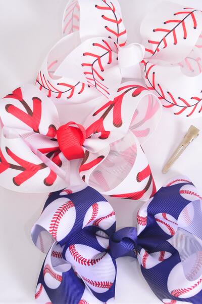 Hair Bow Jumbo Baseball Print Grosgrain Bowtie / 12 pcs Bow = Dozen Baseball , Alligator Clip , Bow - 6" x 5" Wide , 4 of each Pattern Asst , Clip Strip & UPC Code