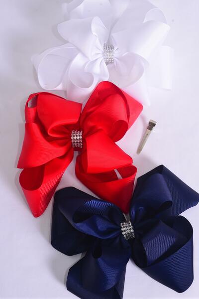 Hair Bow Jumbo Cheer Bow Type Double Layered Red White Navy Grosgrain Bow-tie / 12 pcs Bow = Dozen Alligator Clip , Size - 6.5" x 6.5" Wide , 4 Red , 4 White , 4 navy Color Mix , Clip Strip & UPC Code